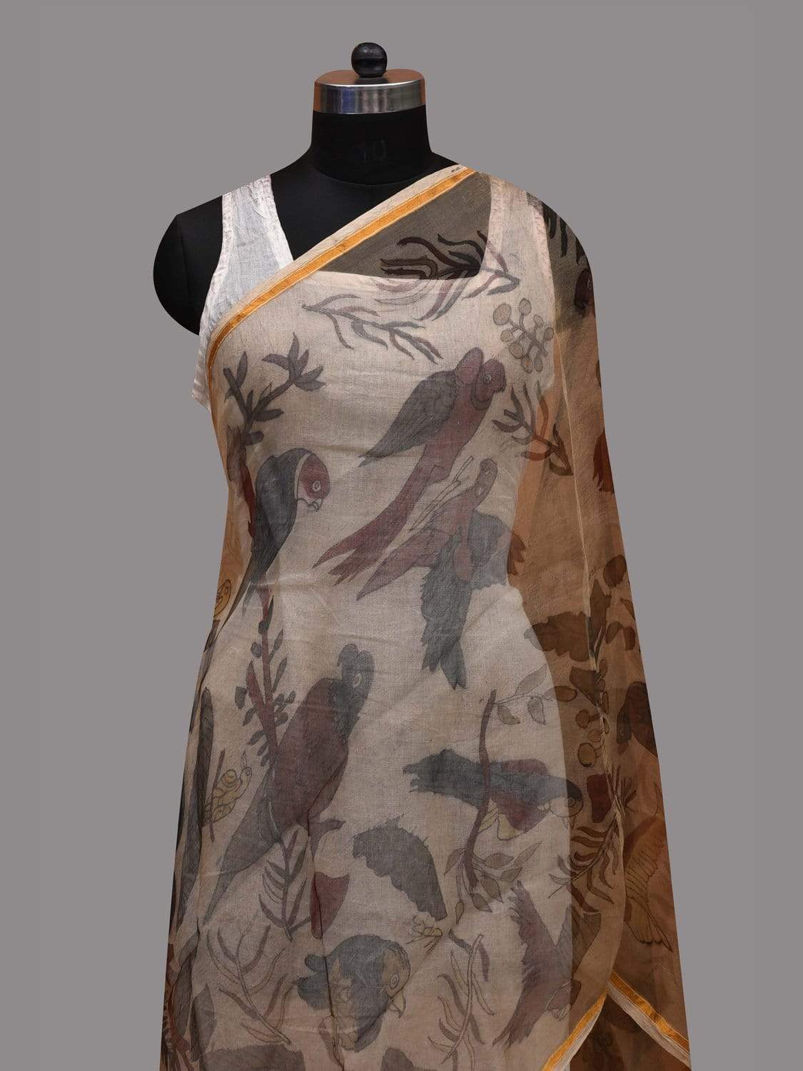 Cream Kalamkari Hand Painted Georgette Dupatta with Birds Design ds2588