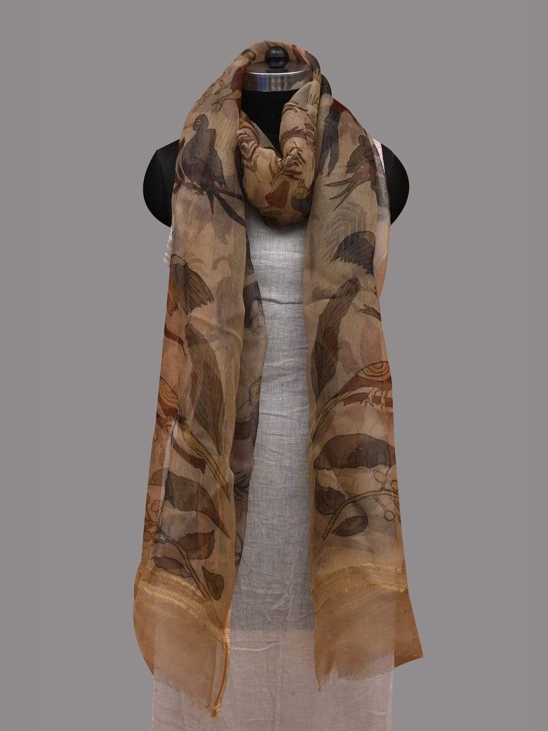 Cream Kalamkari Hand Painted Georgette Dupatta with Birds Design ds2588