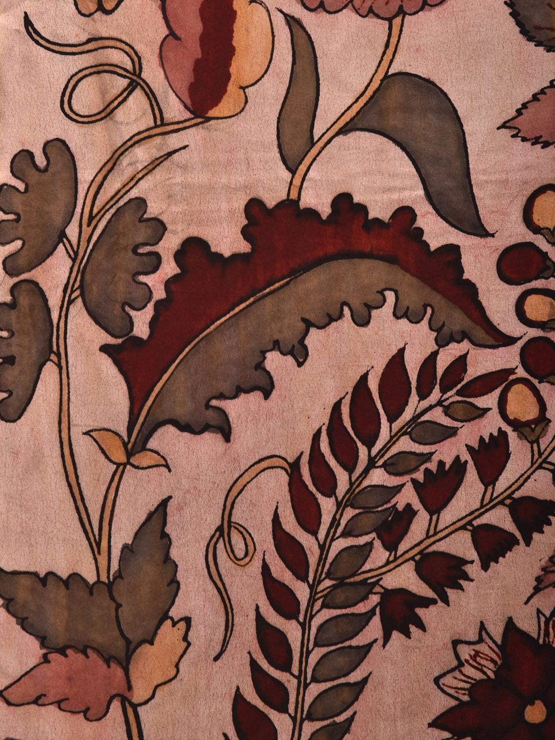 Cream Kalamkari Hand Painted Heavy Crepe Handloom 6mts Fabric with Exotic Flowers Design f0206