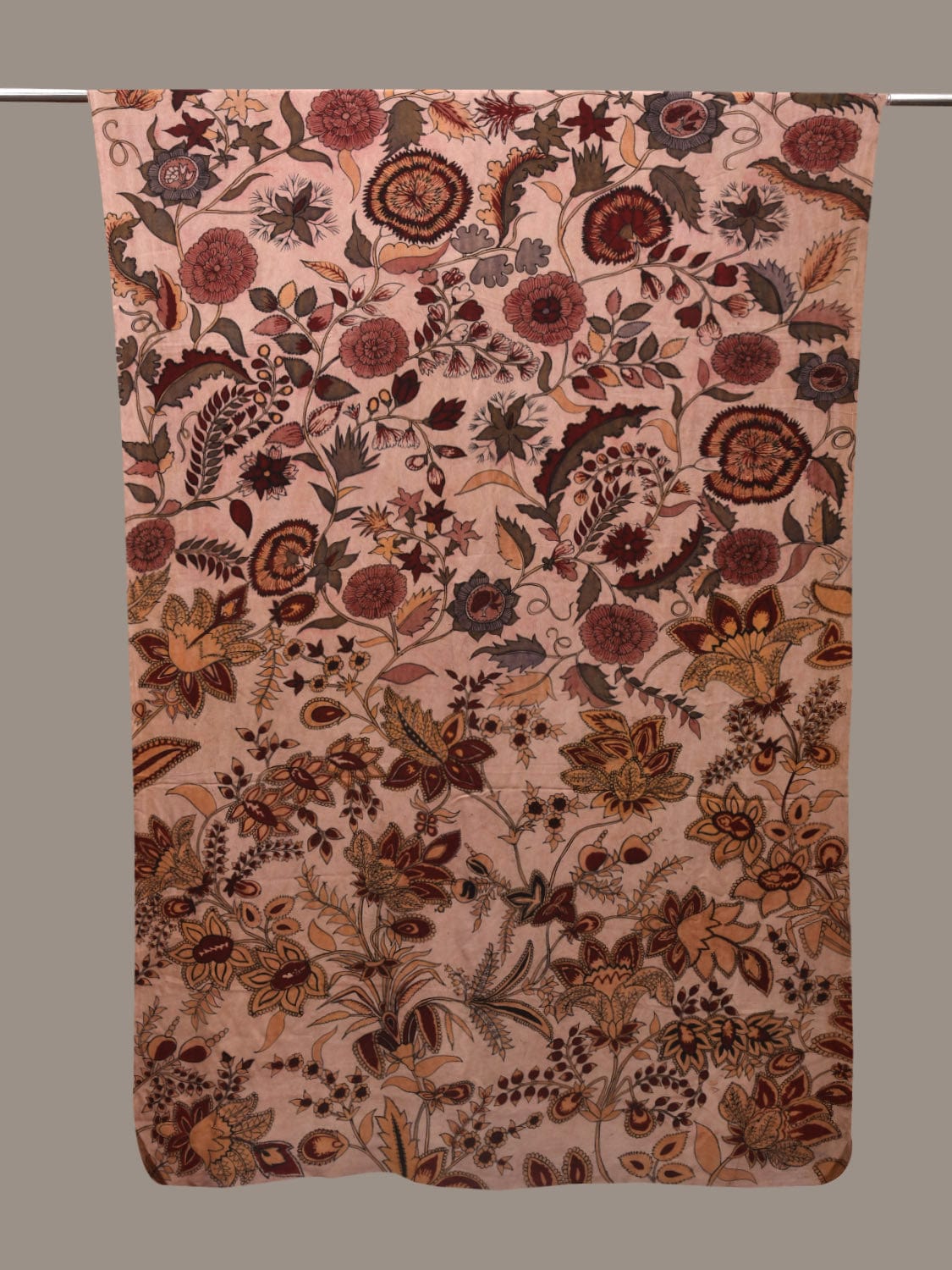 Cream Kalamkari Hand Painted Heavy Crepe Handloom 6mts Fabric with Exotic Flowers Design f0206