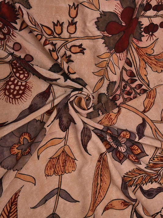 Cream Kalamkari Hand Painted Heavy Crepe Handloom 6mts Fabric with Exotic Flowers Design f0206