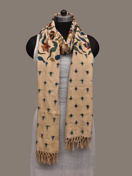 Cream Kalamkari Hand Painted Ikat Cotton Handloom Stole with Floral Design ds3010