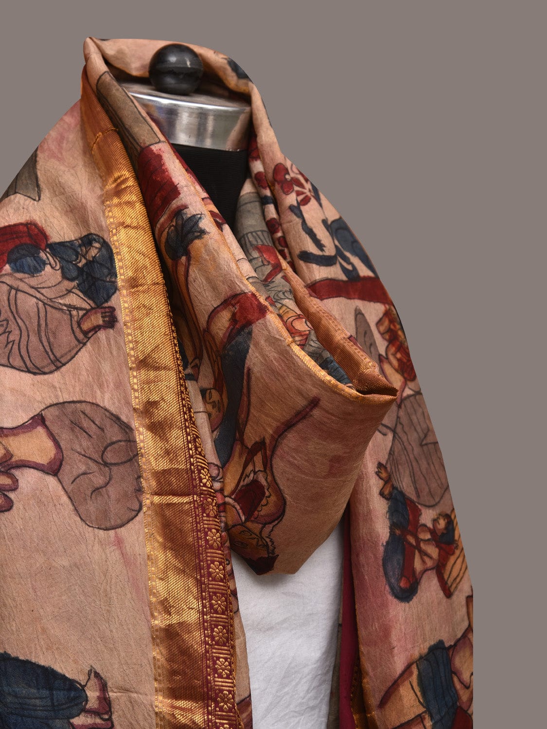 Cream Kalamkari Hand Painted Kanchipuram Silk Handloom Dupatta with Ajanta Design ds3426