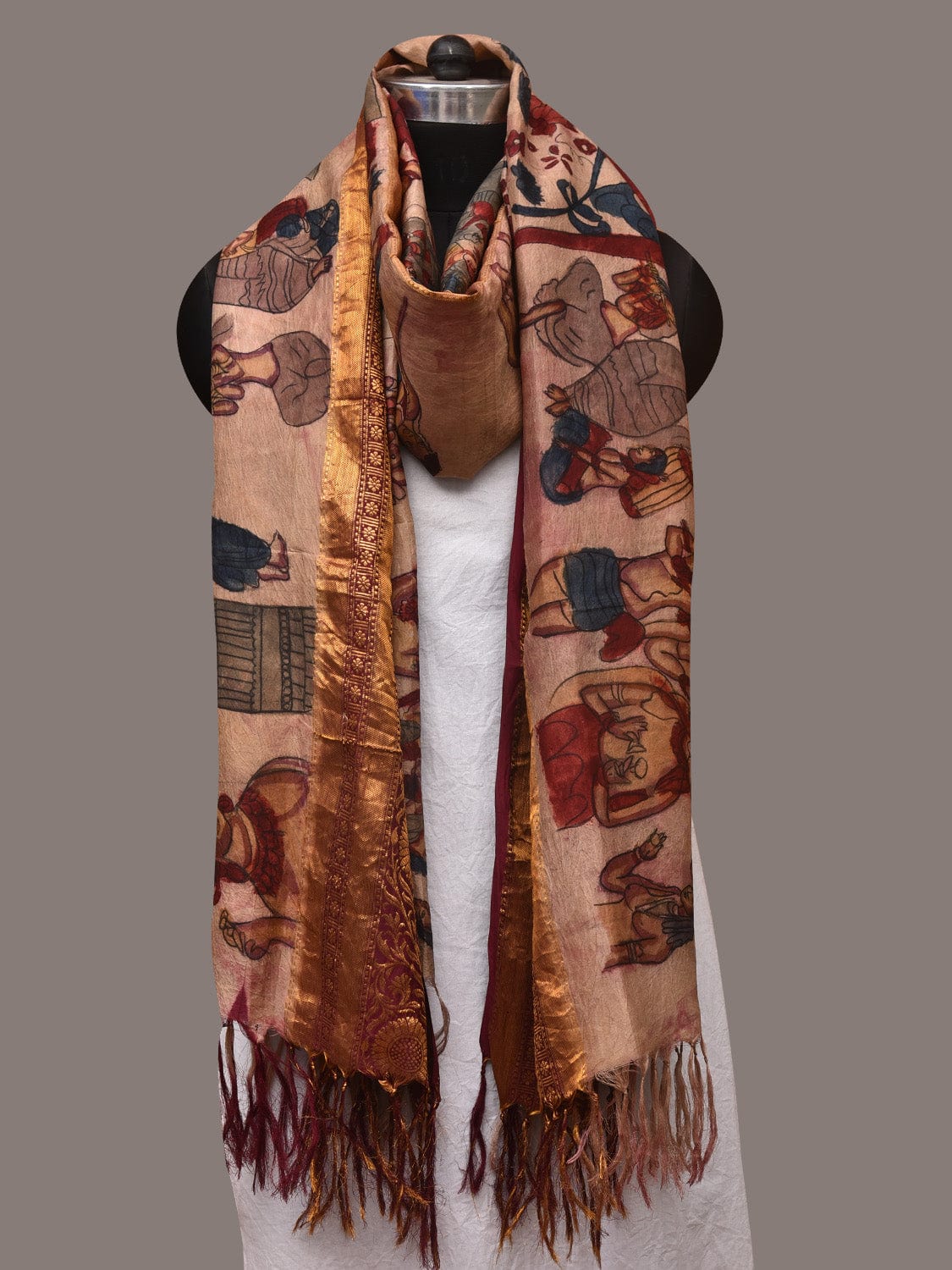 Cream Kalamkari Hand Painted Kanchipuram Silk Handloom Dupatta with Ajanta Design ds3426