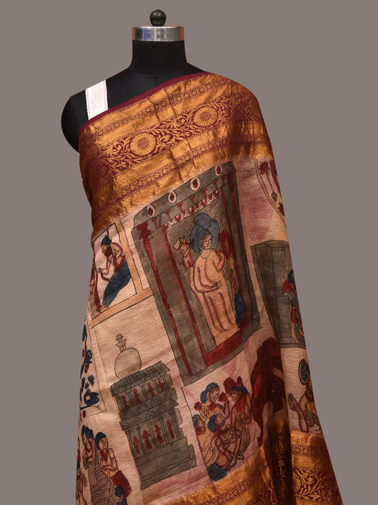 Cream Kalamkari Hand Painted Kanchipuram Silk Handloom Dupatta with Ajanta Design ds3426