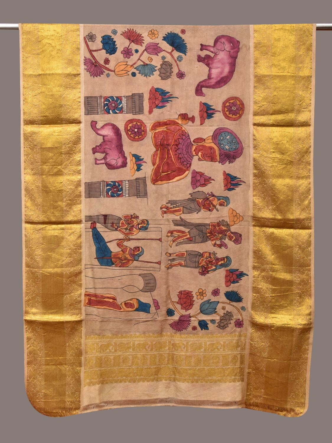 Cream Kalamkari Hand Painted Kanchipuram Silk Handloom Dupatta with Ajanta Design ds3489