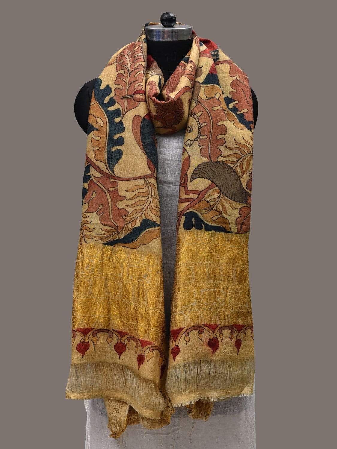 Cream Kalamkari Hand Painted Kanchipuram Silk Handloom Dupatta with Birds and Leaves Design ds2443