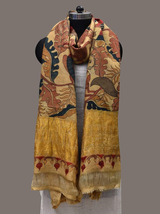 Cream Kalamkari Hand Painted Kanchipuram Silk Handloom Dupatta with Birds and Leaves Design ds2443