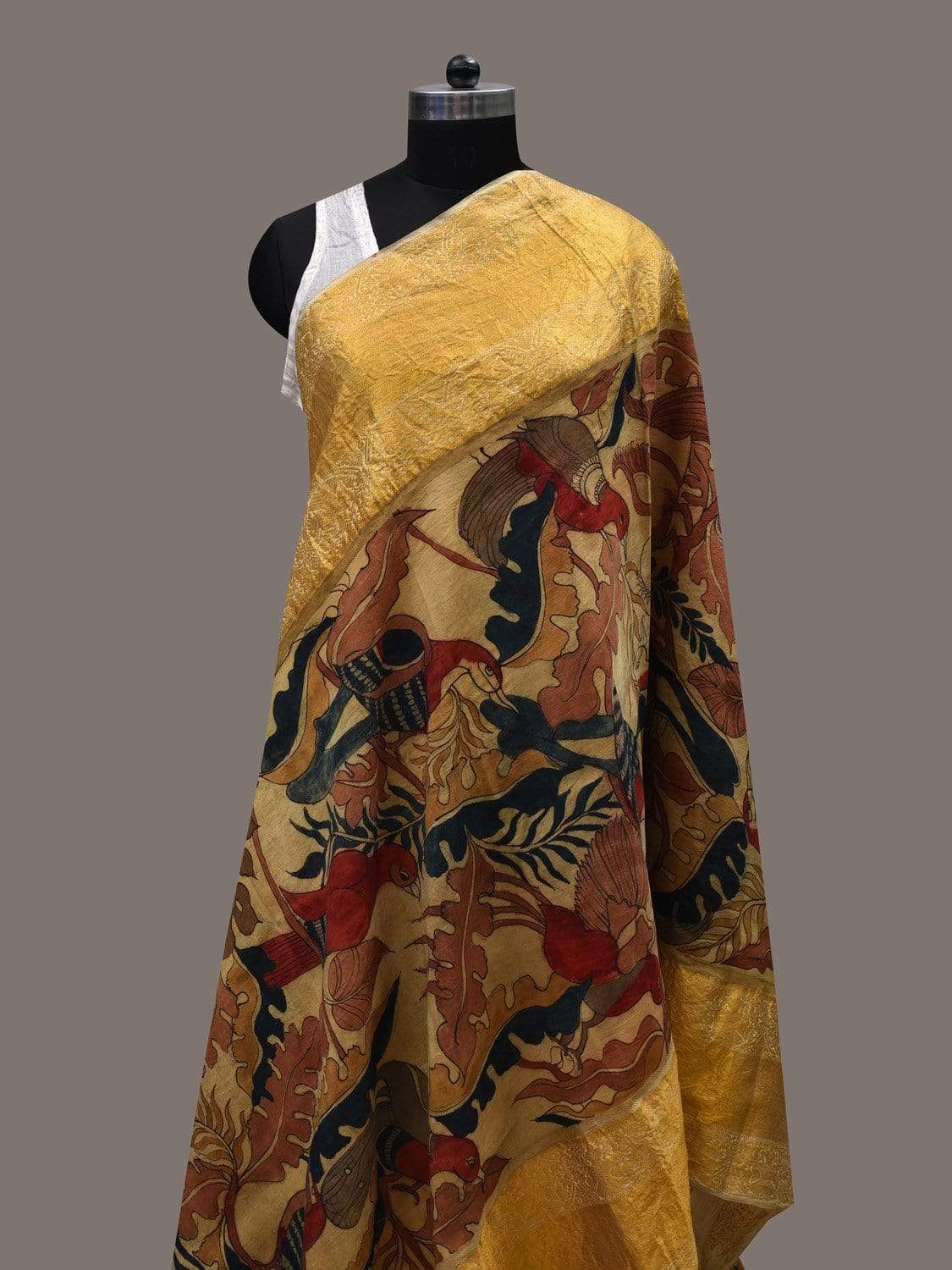 Cream Kalamkari Hand Painted Kanchipuram Silk Handloom Dupatta with Birds and Leaves Design ds2443
