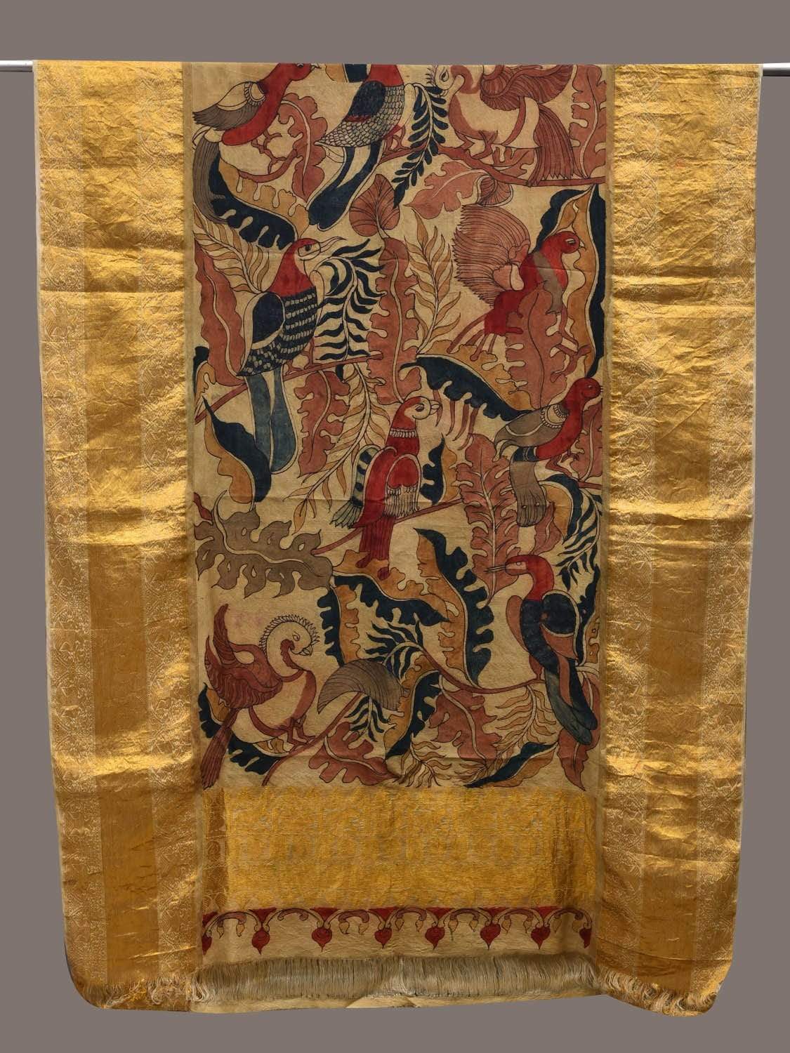 Cream Kalamkari Hand Painted Kanchipuram Silk Handloom Dupatta with Birds and Leaves Design ds2443