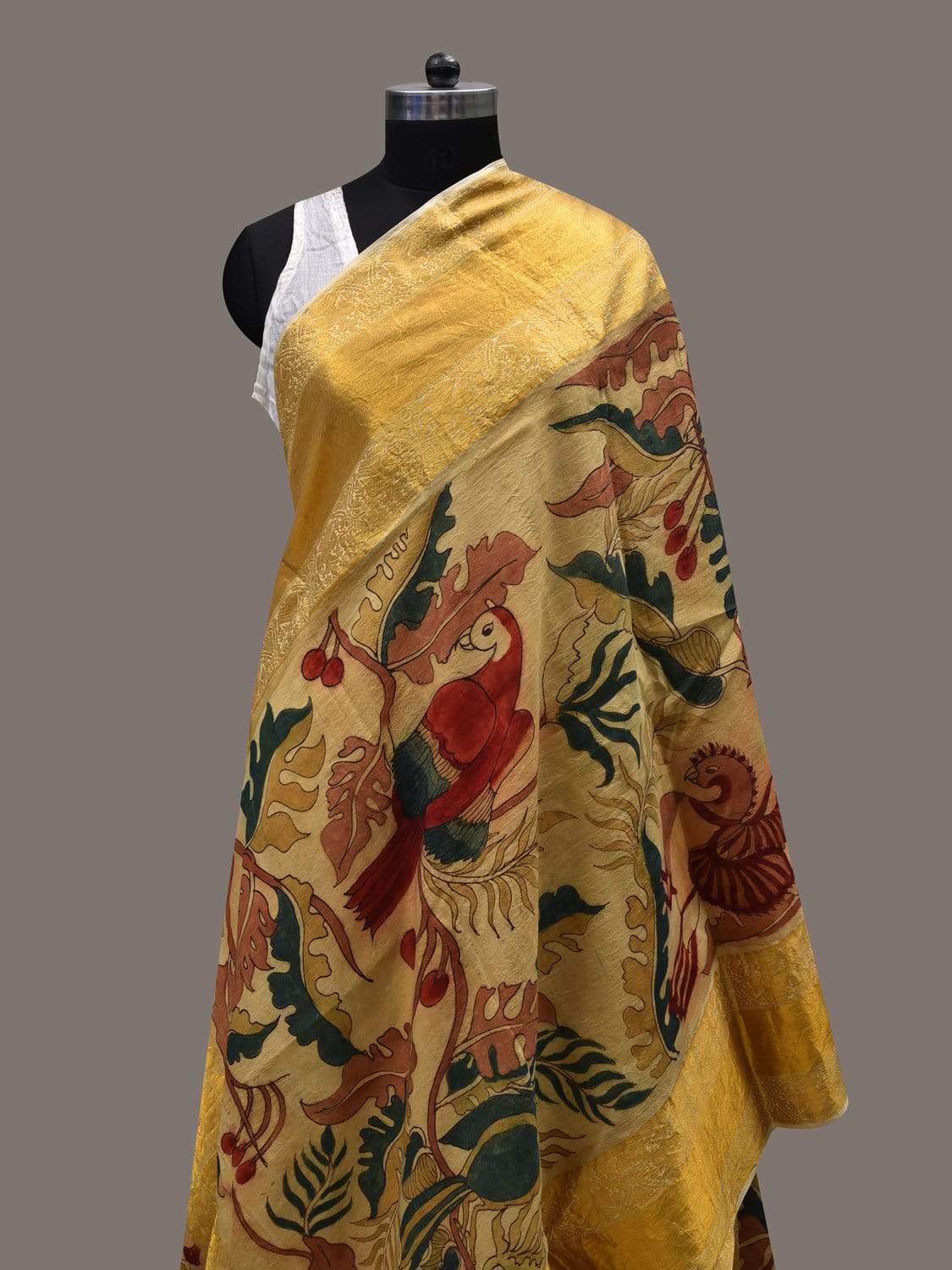 Cream Kalamkari Hand Painted Kanchipuram Silk Handloom Dupatta with Birds and Leaves Design ds2445