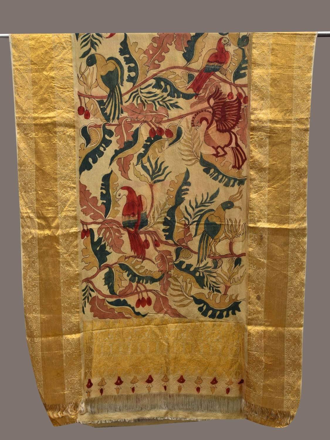 Cream Kalamkari Hand Painted Kanchipuram Silk Handloom Dupatta with Birds and Leaves Design ds2445