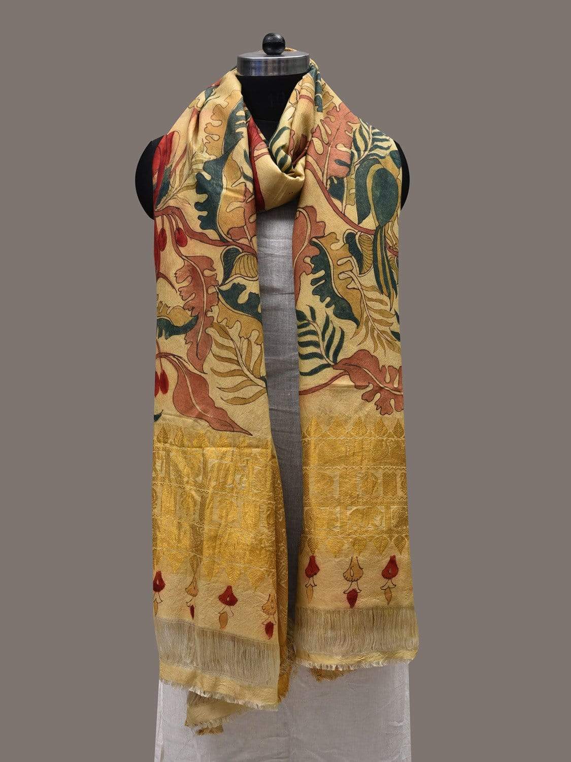 Cream Kalamkari Hand Painted Kanchipuram Silk Handloom Dupatta with Birds and Leaves Design ds2445