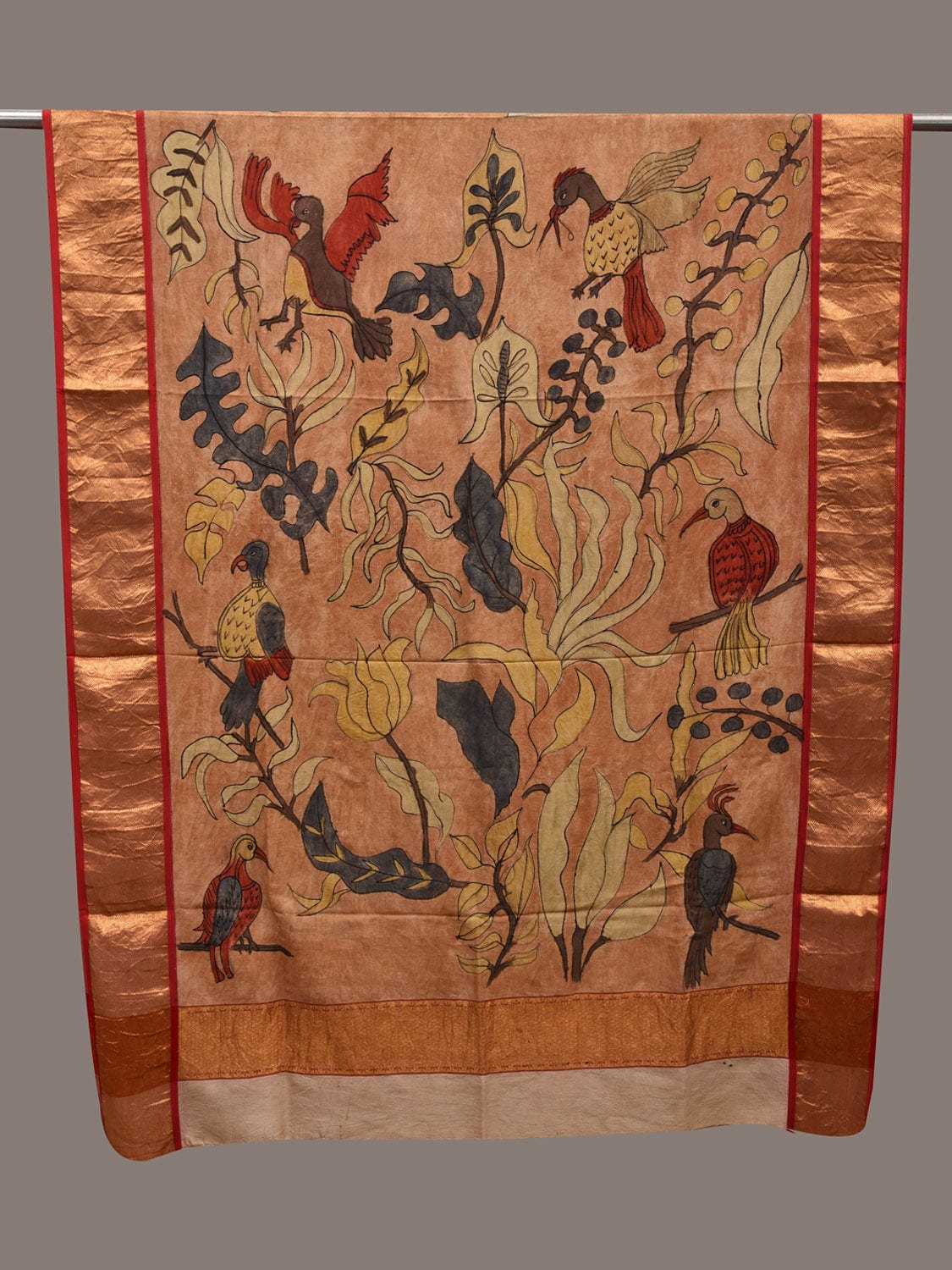 Cream Kalamkari Hand Painted Kanchipuram Silk Handloom Dupatta with Birds and Leaves Design ds2668