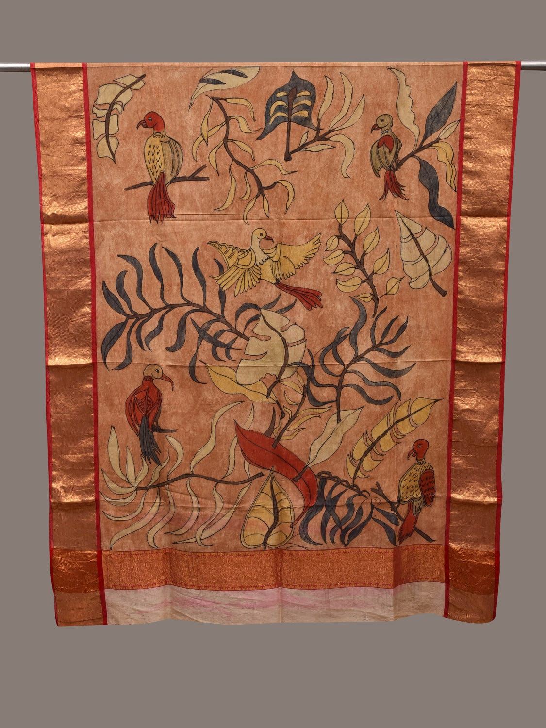 Cream Kalamkari Hand Painted Kanchipuram Silk Handloom Dupatta with Birds and Leaves Design ds2668