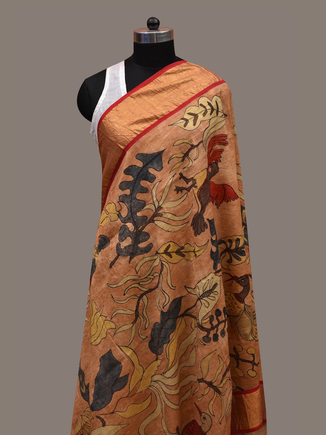Cream Kalamkari Hand Painted Kanchipuram Silk Handloom Dupatta with Birds and Leaves Design ds2668