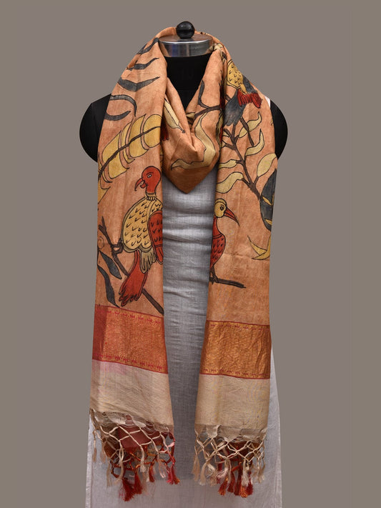 Cream Kalamkari Hand Painted Kanchipuram Silk Handloom Dupatta with Birds and Leaves Design ds2668