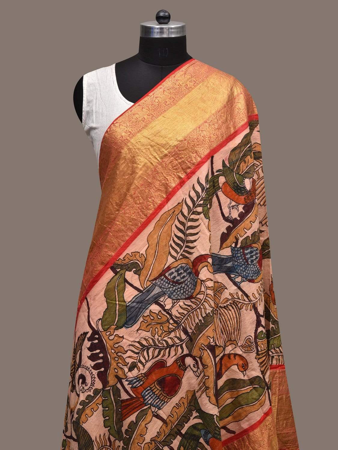 Cream Kalamkari Hand Painted Kanchipuram Silk Handloom Dupatta with Birds Design ds2328