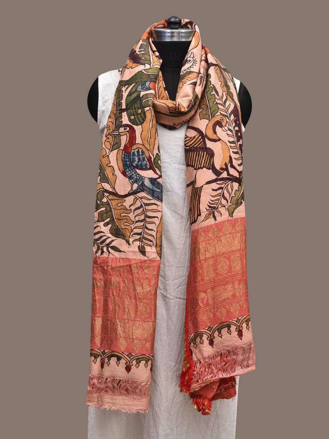 Cream Kalamkari Hand Painted Kanchipuram Silk Handloom Dupatta with Birds Design ds2328