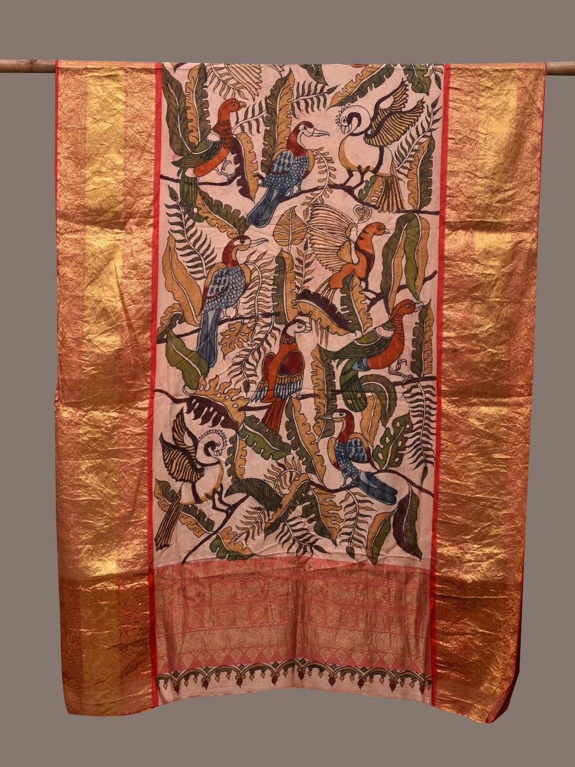 Cream Kalamkari Hand Painted Kanchipuram Silk Handloom Dupatta with Birds Design ds2328