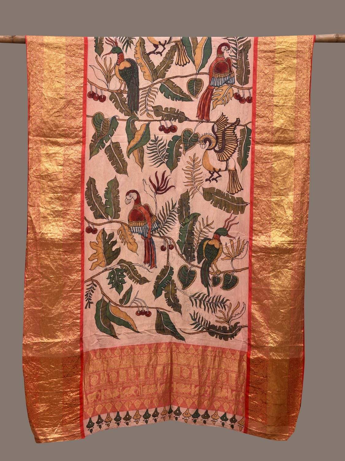 Cream Kalamkari Hand Painted Kanchipuram Silk Handloom Dupatta with Birds Design ds2330