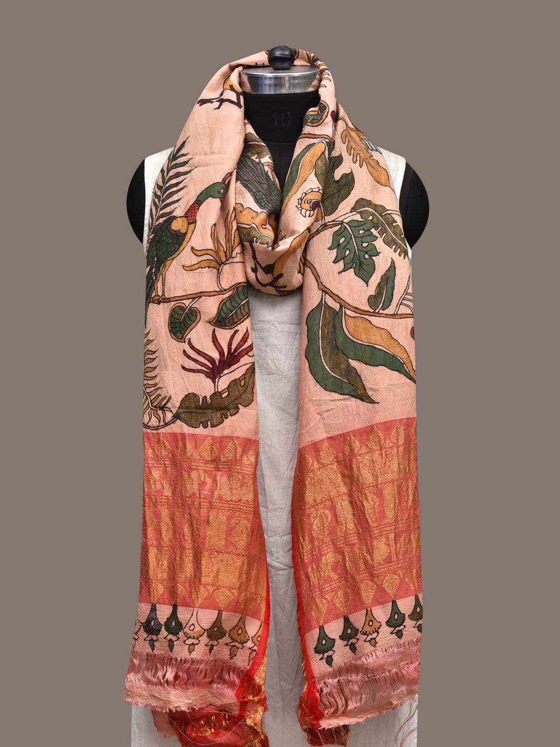 Cream Kalamkari Hand Painted Kanchipuram Silk Handloom Dupatta with Birds Design ds2330