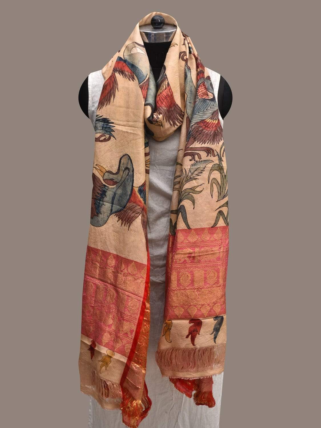 Cream Kalamkari Hand Painted Kanchipuram Silk Handloom Dupatta with Birds Design ds2346