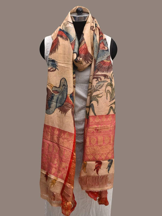 Cream Kalamkari Hand Painted Kanchipuram Silk Handloom Dupatta with Birds Design ds2346