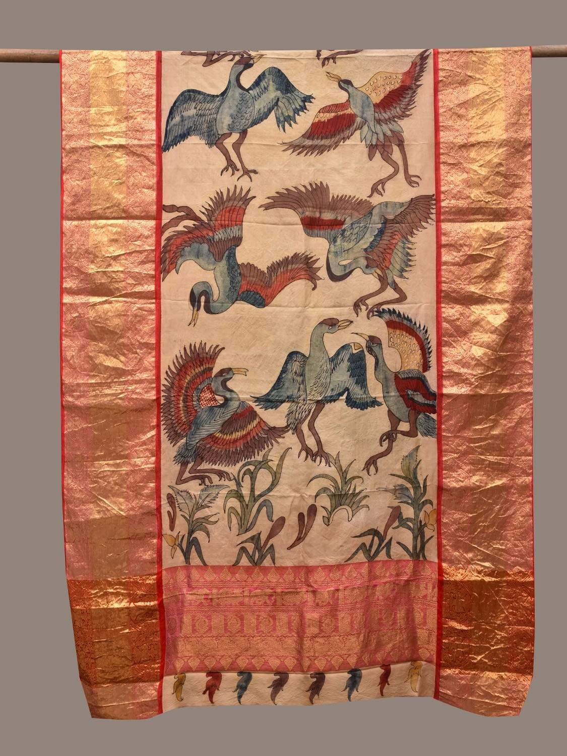 Cream Kalamkari Hand Painted Kanchipuram Silk Handloom Dupatta with Birds Design ds2346