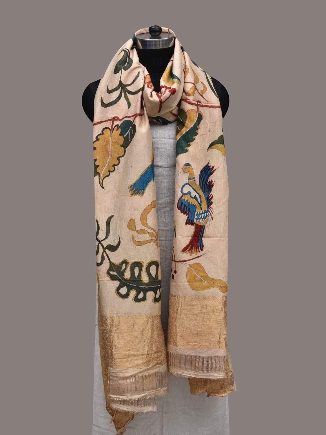 Cream Kalamkari Hand Painted Kanchipuram Silk Handloom Dupatta with Birds Design ds2560