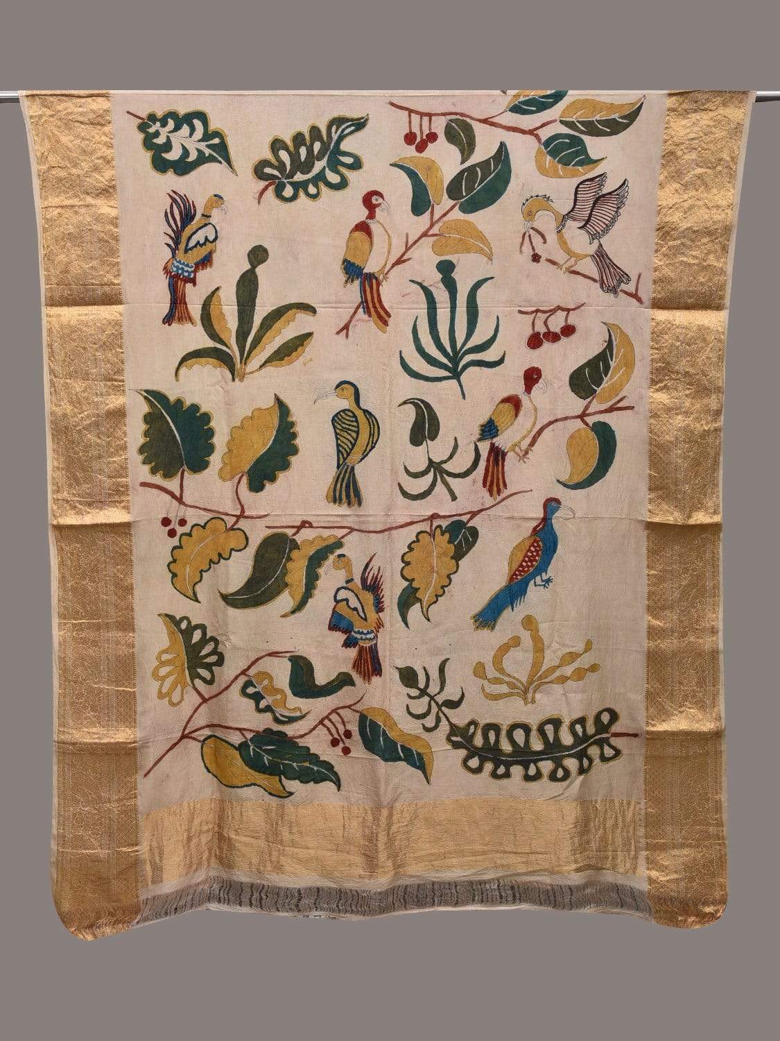 Cream Kalamkari Hand Painted Kanchipuram Silk Handloom Dupatta with Birds Design ds2560