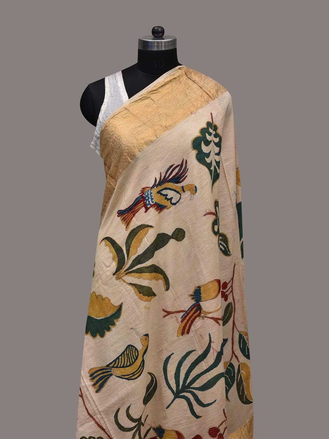 Cream Kalamkari Hand Painted Kanchipuram Silk Handloom Dupatta with Birds Design ds2560