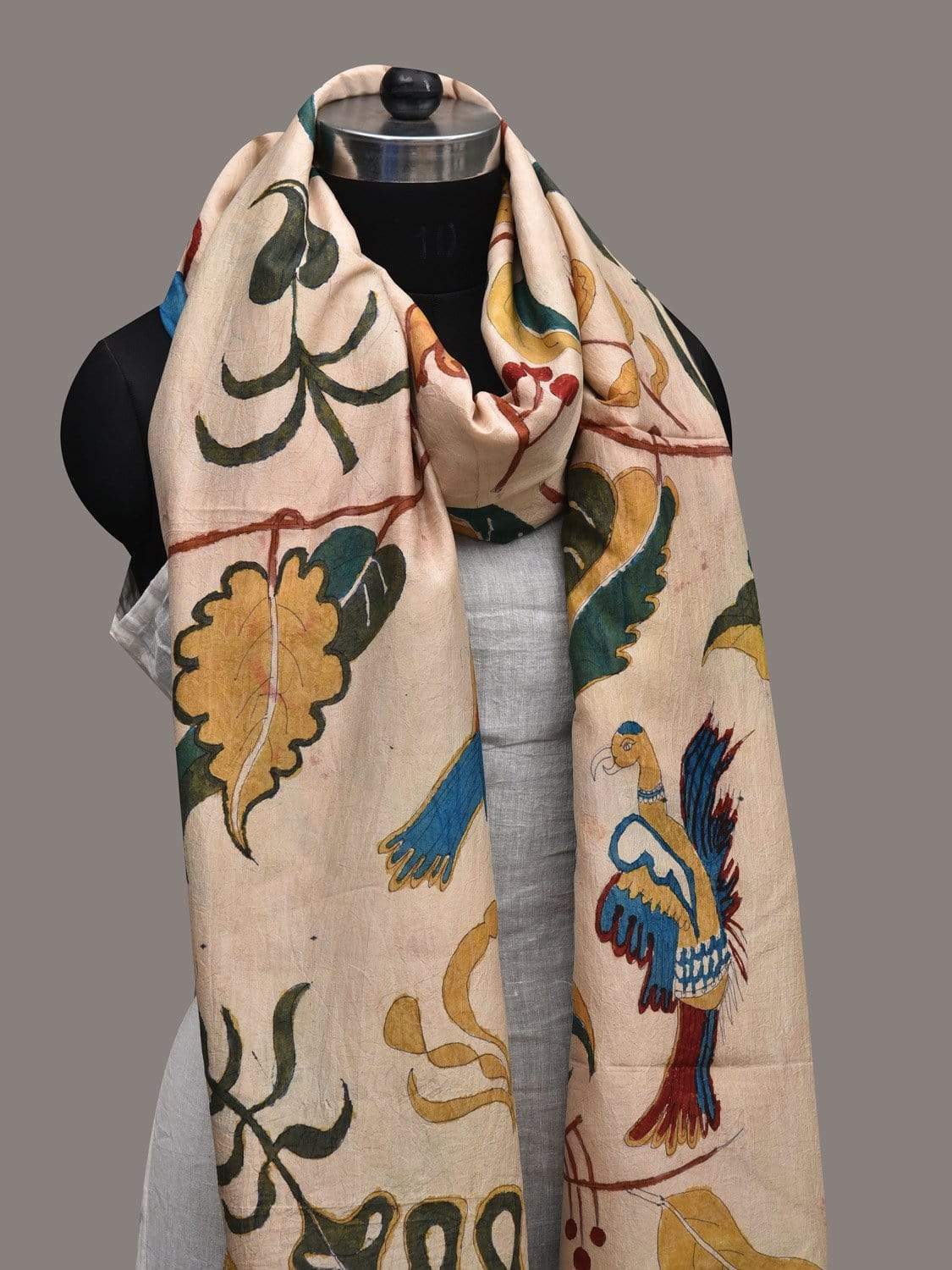 Cream Kalamkari Hand Painted Kanchipuram Silk Handloom Dupatta with Birds Design ds2560