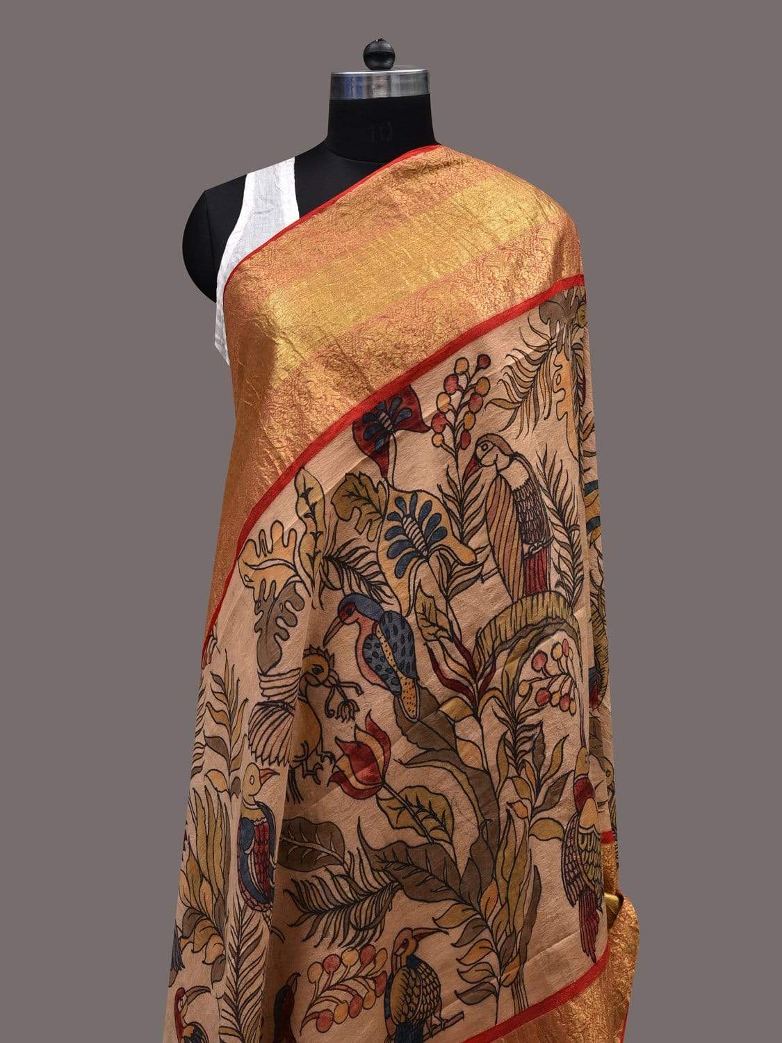 Cream Kalamkari Hand Painted Kanchipuram Silk Handloom Dupatta with Birds nad Leaves Design ds2427