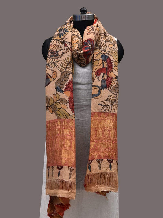Cream Kalamkari Hand Painted Kanchipuram Silk Handloom Dupatta with Birds nad Leaves Design ds2427