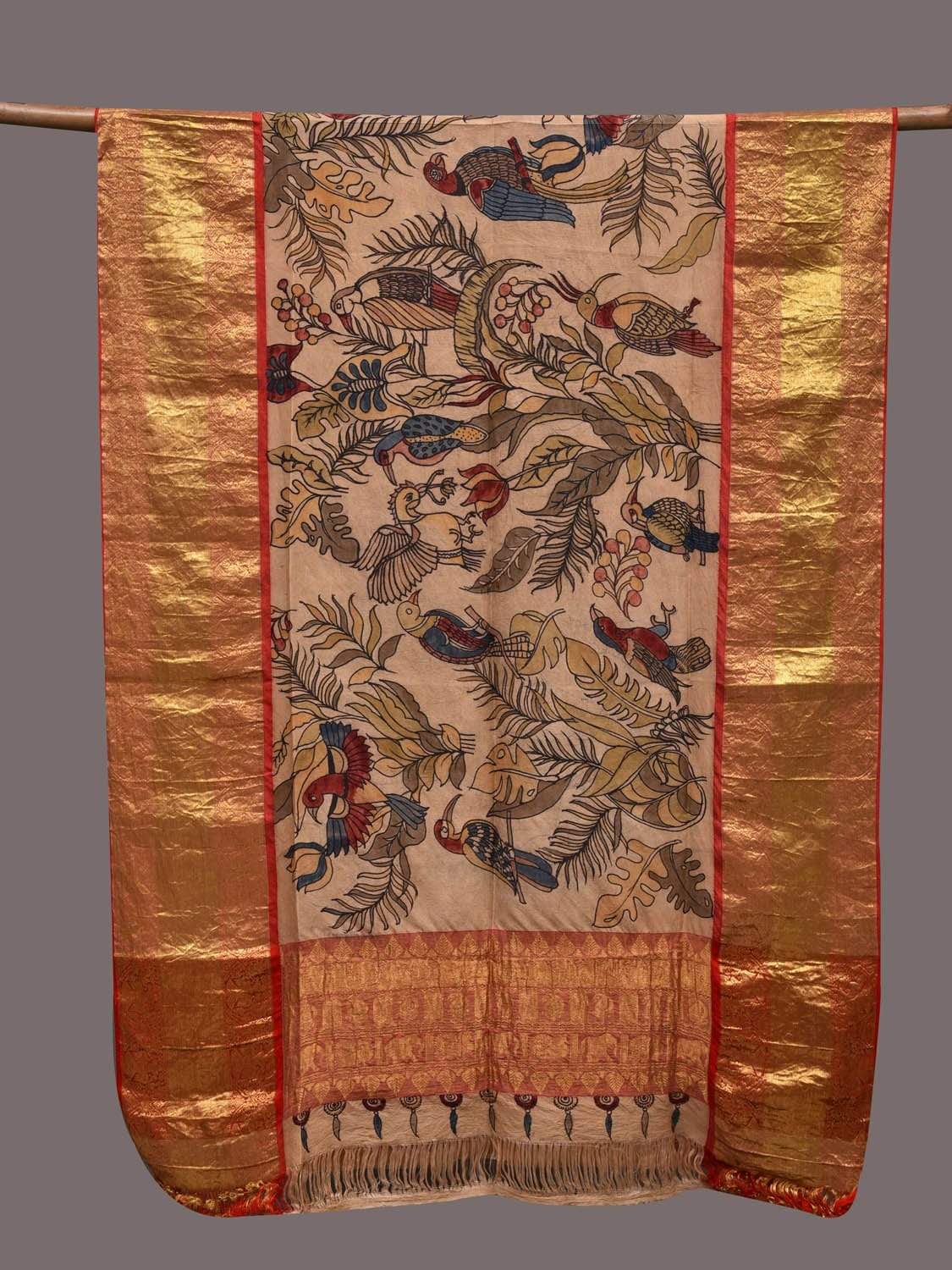 Cream Kalamkari Hand Painted Kanchipuram Silk Handloom Dupatta with Birds nad Leaves Design ds2427