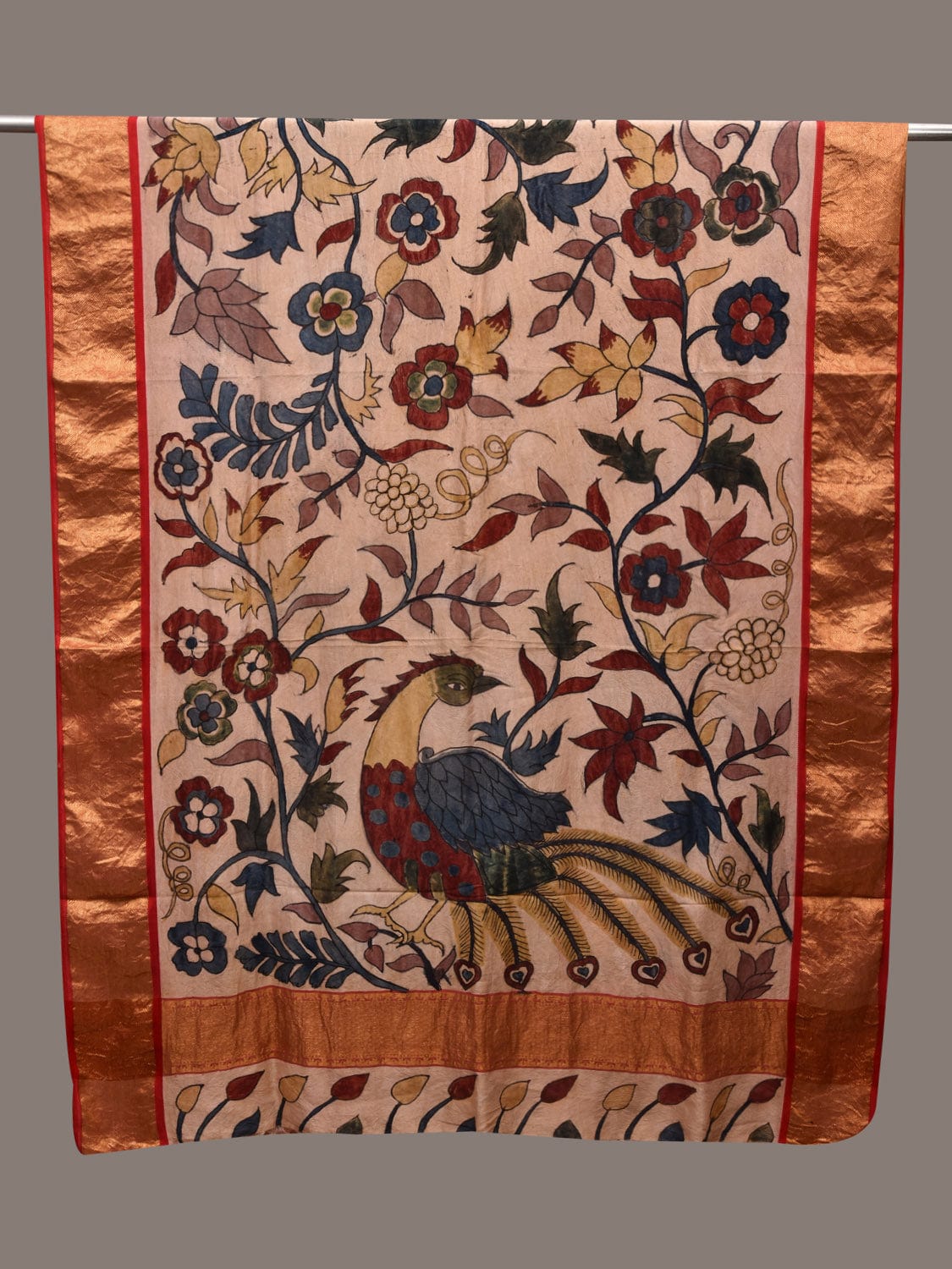 Cream Kalamkari Hand Painted Kanchipuram Silk Handloom Dupatta with Floral and Peacock Design ds2713