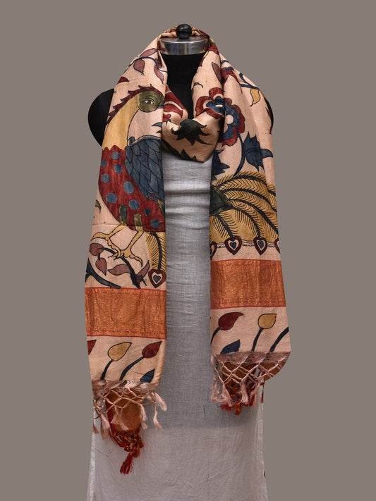 Cream Kalamkari Hand Painted Kanchipuram Silk Handloom Dupatta with Floral and Peacock Design ds2713