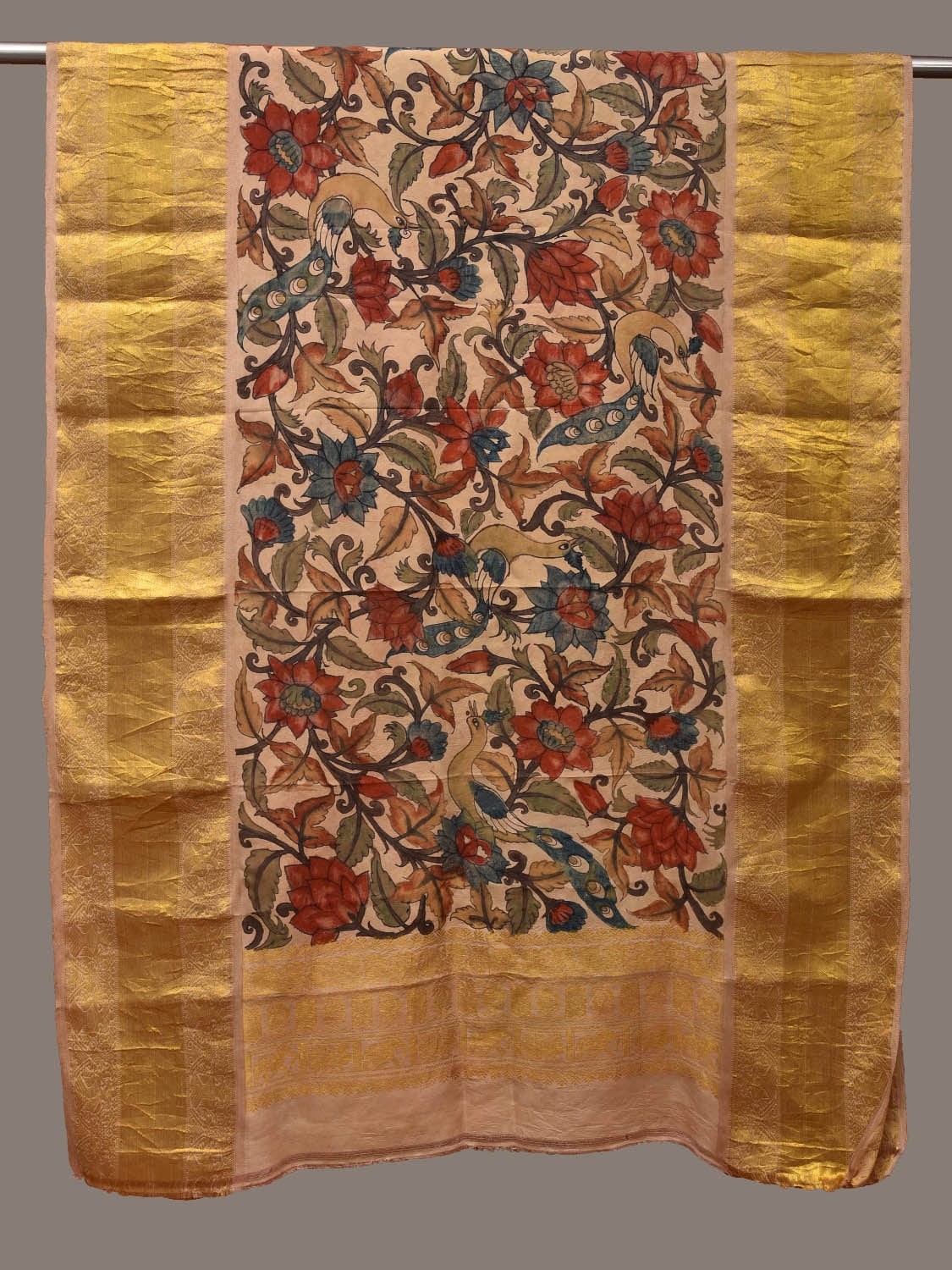 Cream Kalamkari Hand Painted Kanchipuram Silk Handloom Dupatta with Floral and Peacocks Design ds3124