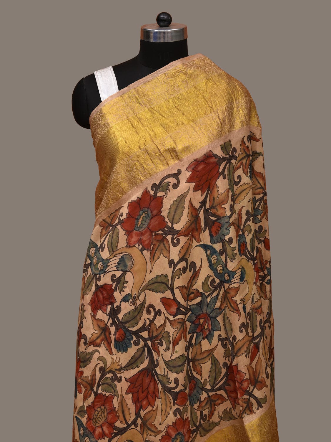 Cream Kalamkari Hand Painted Kanchipuram Silk Handloom Dupatta with Floral and Peacocks Design ds3124