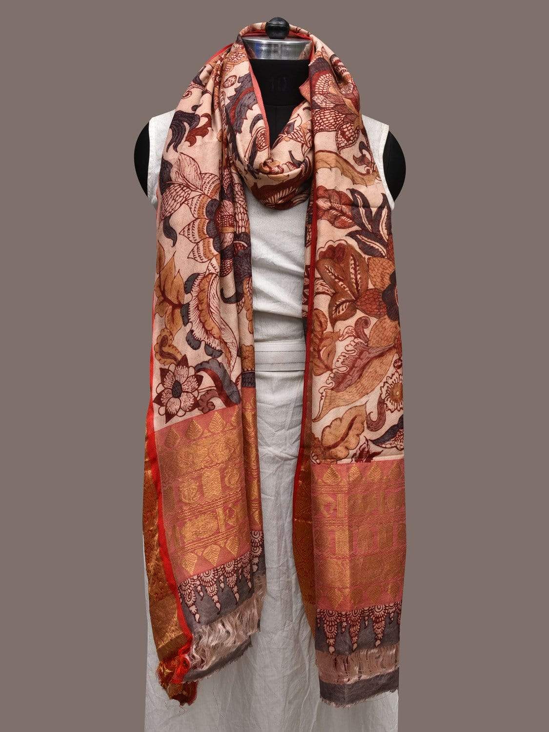 Cream Kalamkari Hand Painted Kanchipuram Silk Handloom Dupatta with Floral Design ds2293