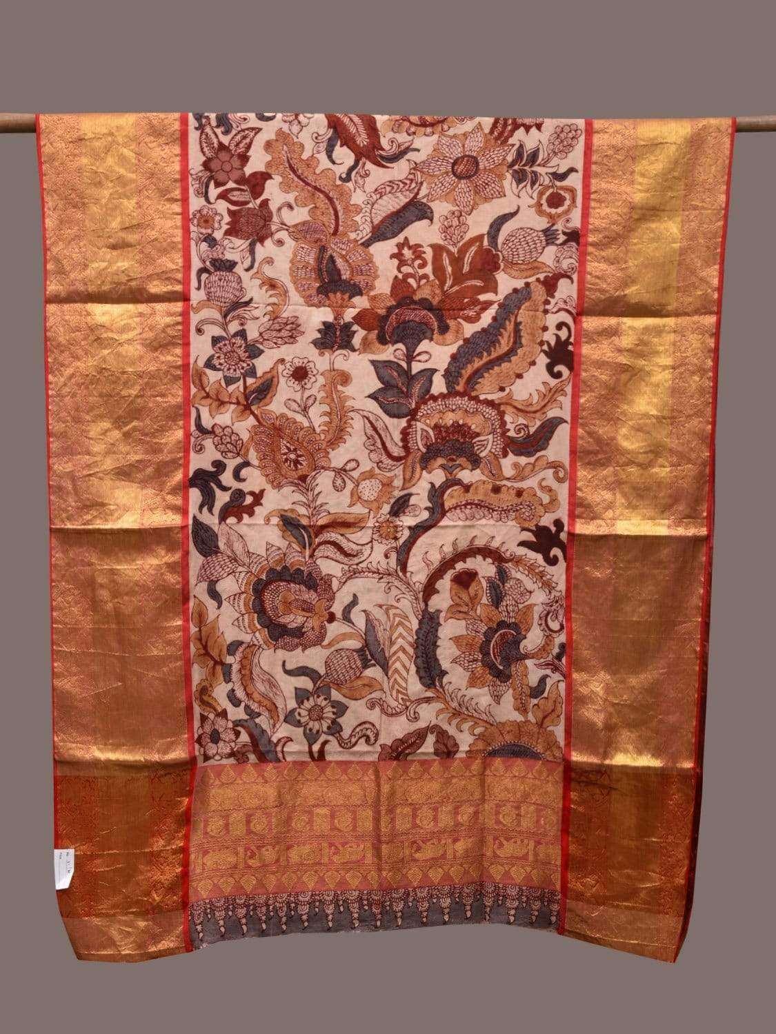 Cream Kalamkari Hand Painted Kanchipuram Silk Handloom Dupatta with Floral Design ds2293