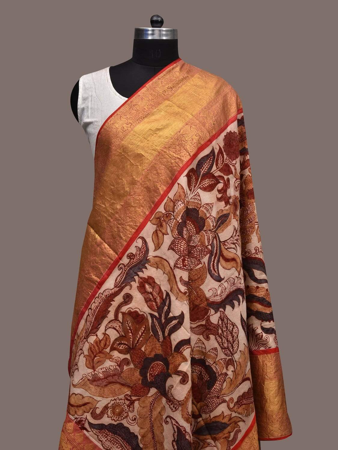 Cream Kalamkari Hand Painted Kanchipuram Silk Handloom Dupatta with Floral Design ds2293