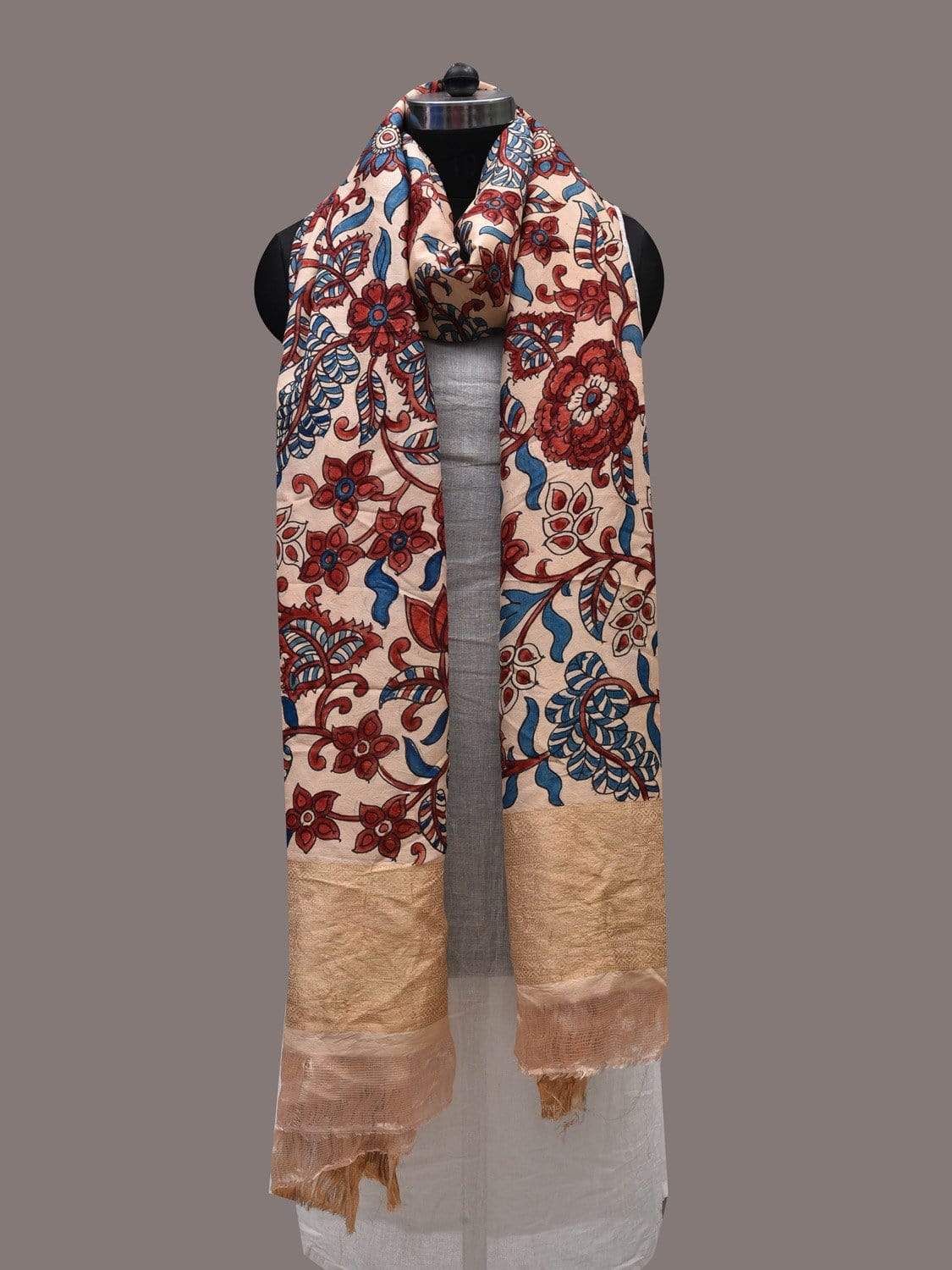 Cream Kalamkari Hand Painted Kanchipuram Silk Handloom Dupatta with Floral Design ds2475