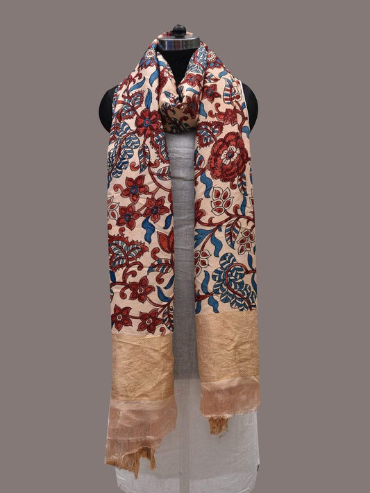 Cream Kalamkari Hand Painted Kanchipuram Silk Handloom Dupatta with Floral Design ds2475