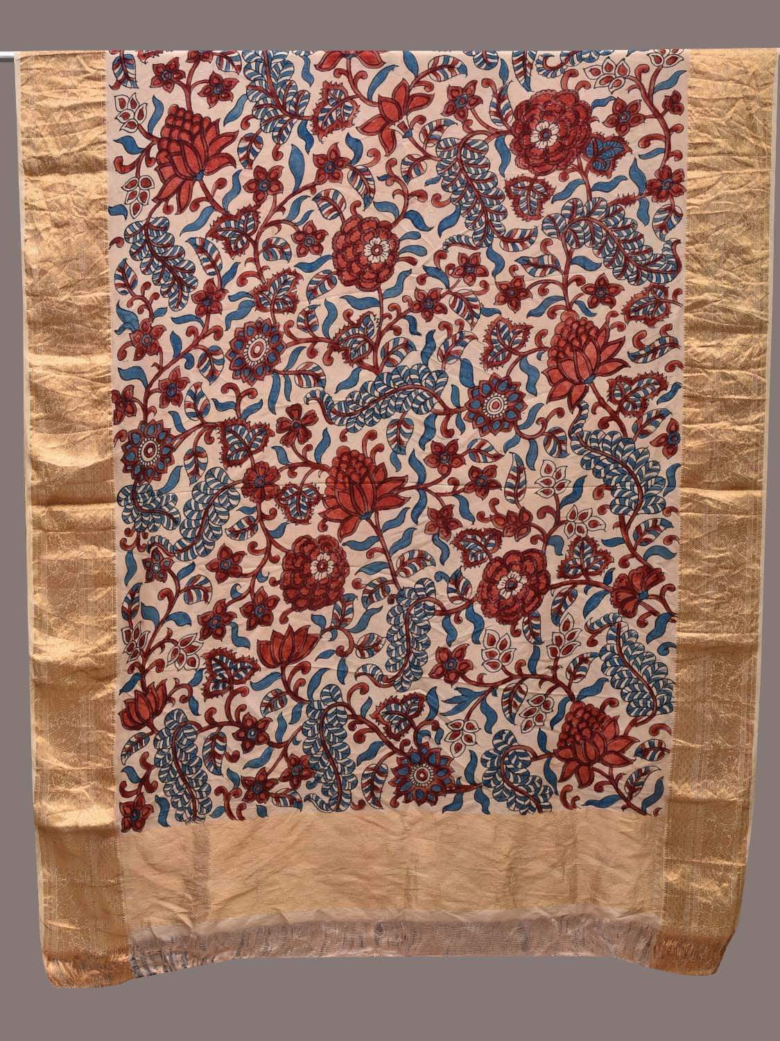 Cream Kalamkari Hand Painted Kanchipuram Silk Handloom Dupatta with Floral Design ds2475