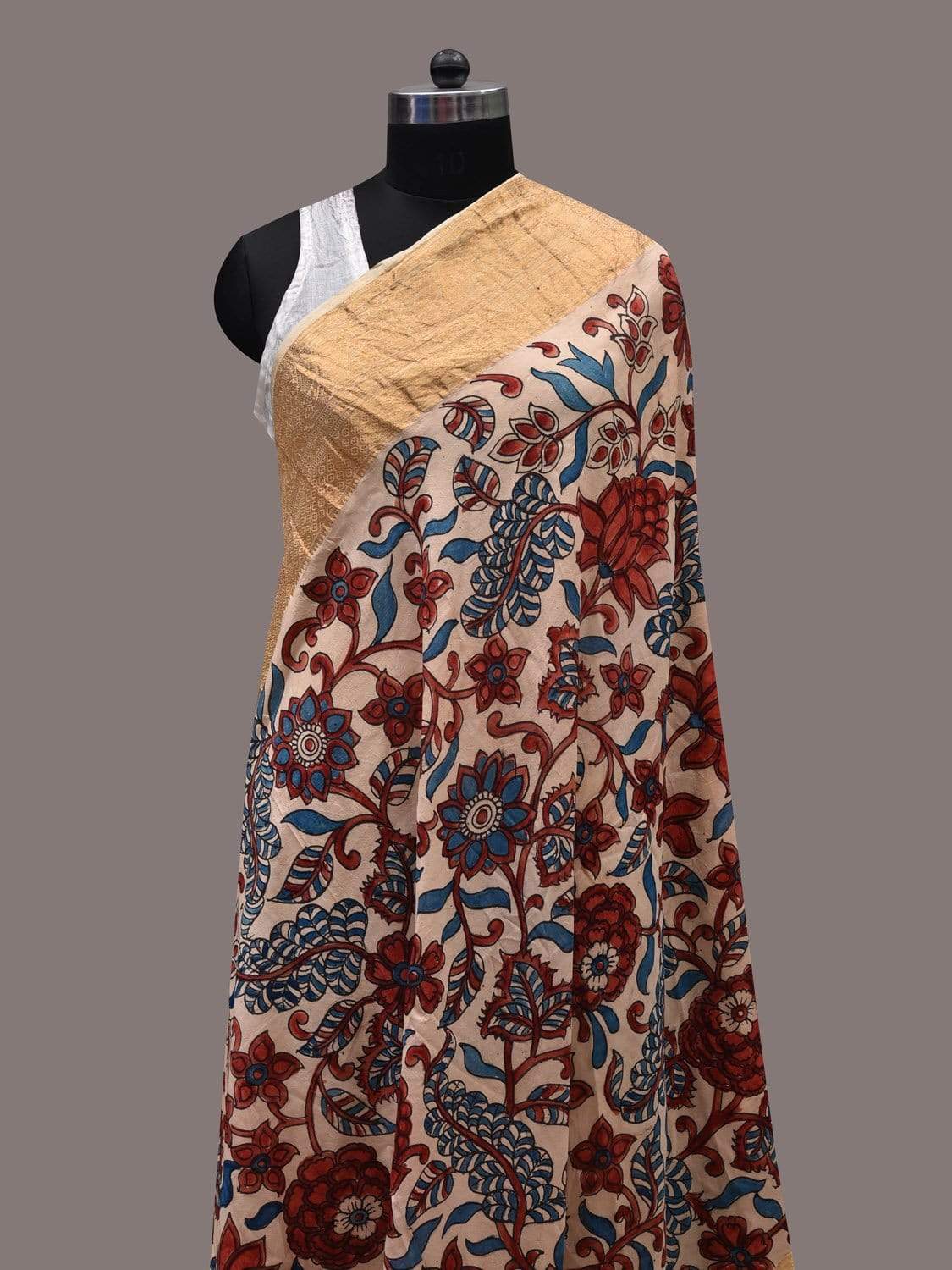 Cream Kalamkari Hand Painted Kanchipuram Silk Handloom Dupatta with Floral Design ds2475