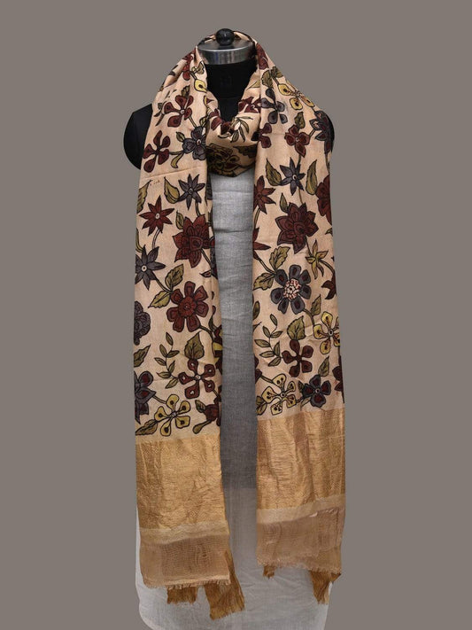 Cream Kalamkari Hand Painted Kanchipuram Silk Handloom Dupatta with Floral Design ds2521
