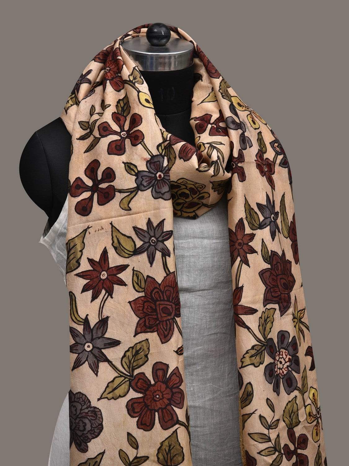 Cream Kalamkari Hand Painted Kanchipuram Silk Handloom Dupatta with Floral Design ds2521