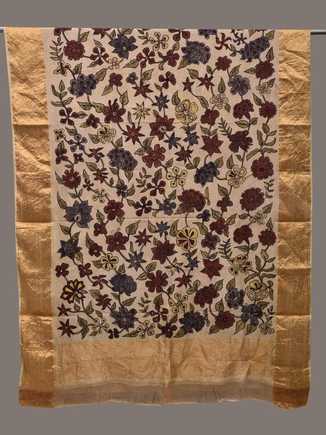 Cream Kalamkari Hand Painted Kanchipuram Silk Handloom Dupatta with Floral Design ds2521